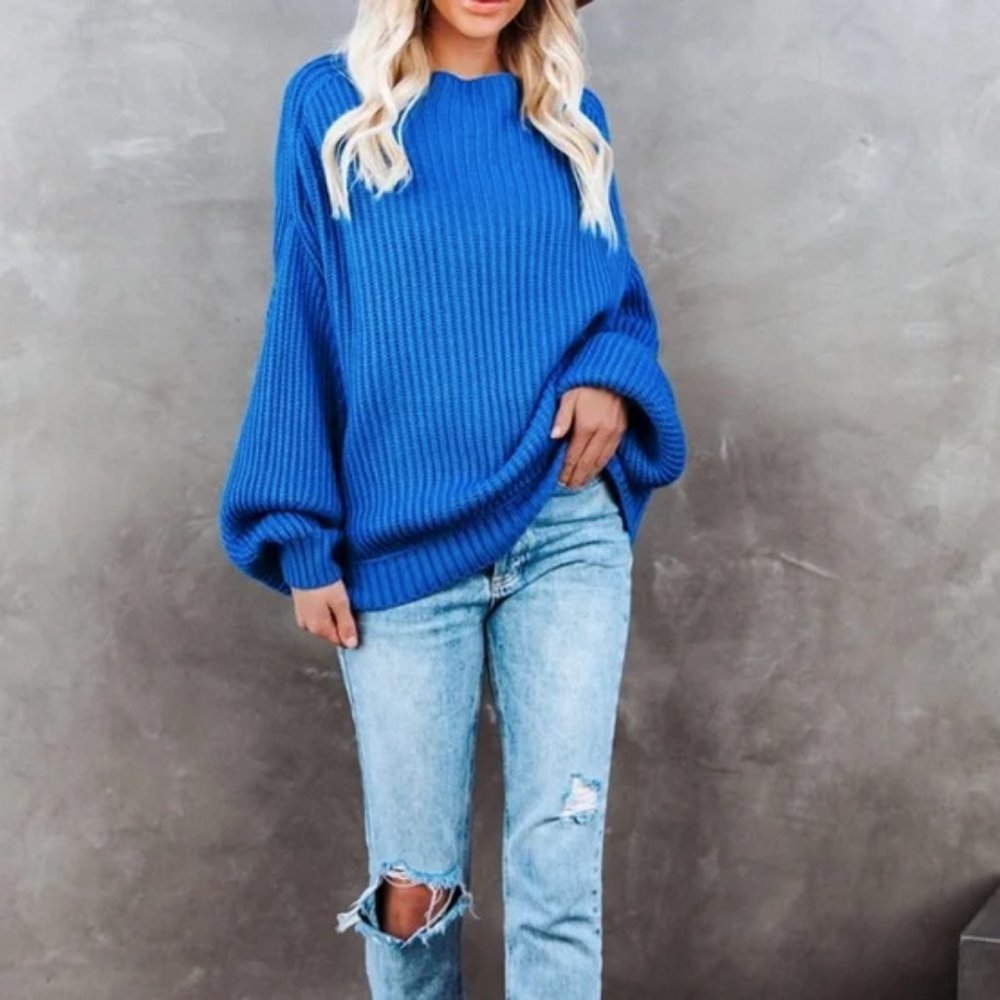 High neck dolman oversized ribbed knit sweater